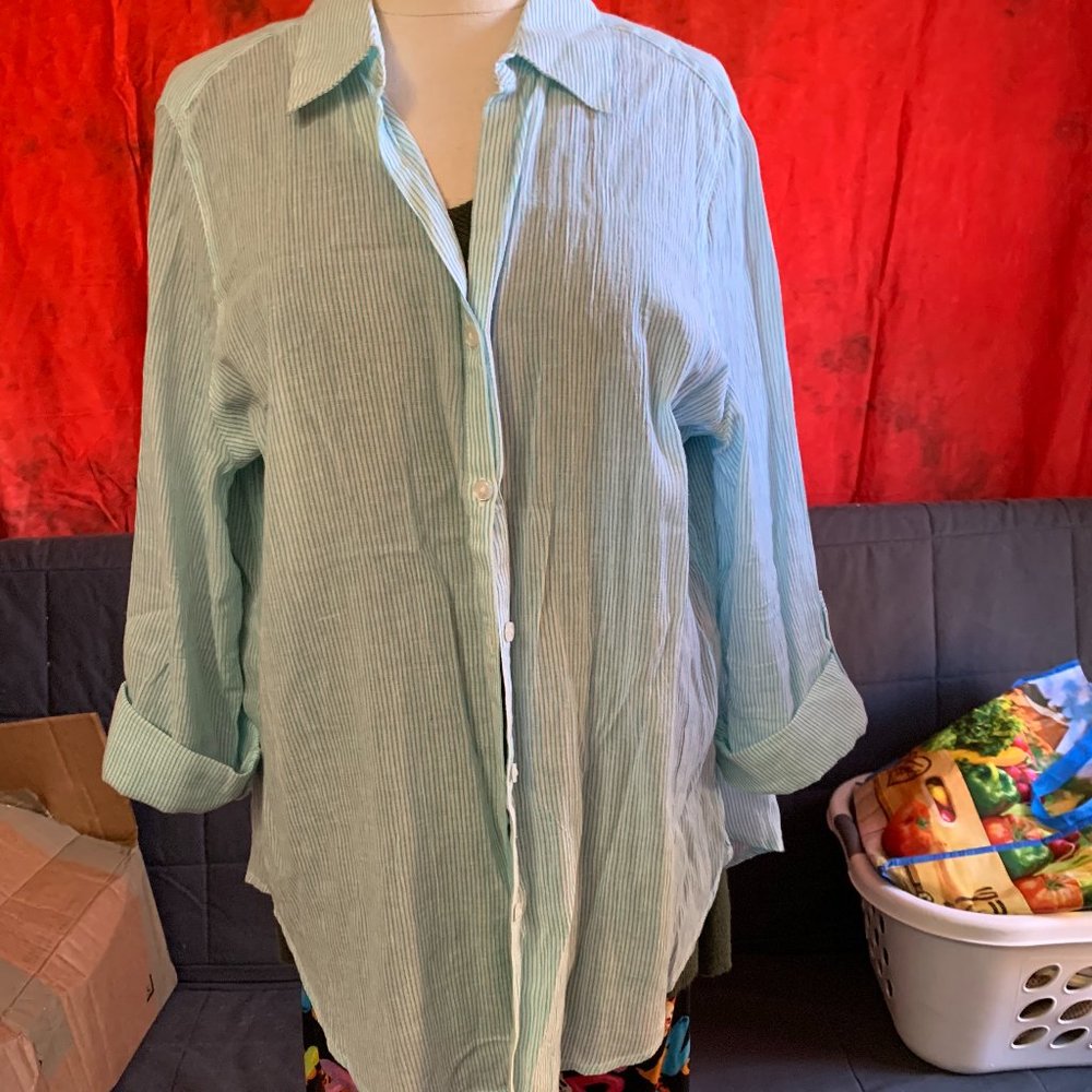 Chicos Striped Blouse with Lace Inset